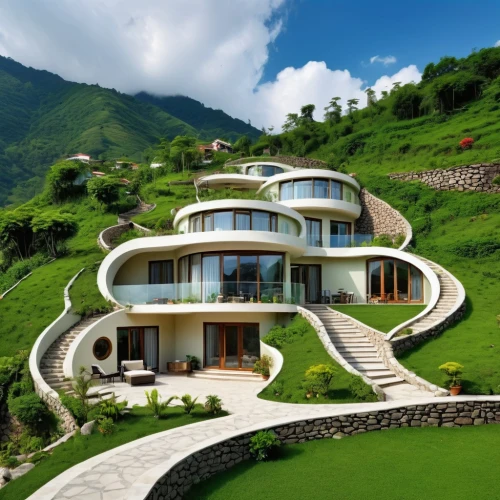 earthship,terraced,terraces,roof landscape,landscaped,house in mountains,modern architecture,beautiful home,futuristic architecture,house in the mountains,luxury property,dreamhouse,home landscape,himachal,uttaranchal,holiday villa,asian architecture,modern house,mountainside,architectural style,Photography,General,Realistic
