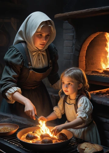 girl with bread-and-butter,little girl and mother,children's stove,girl in the kitchen,woman holding pie,candlemas,gingerbread maker,housemother,candlemaker,miniaturist,dwarf cookin,breadmaking,victorian kitchen,kirtle,mennonite heritage village,puritans,cookery,gas stove,fire making,toil,Conceptual Art,Fantasy,Fantasy 13