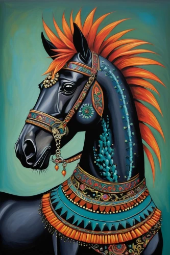 painted horse,black horse,colorful horse,cheval,samarrai,indian art,darkhorse,nighthorse,arabian horse,huichol,sivaratri,khokhloma painting,maharana,nandi,meenakshi,nagavalli,tretchikoff,shivji,shanthakumaran,kshethram,Illustration,Abstract Fantasy,Abstract Fantasy 12
