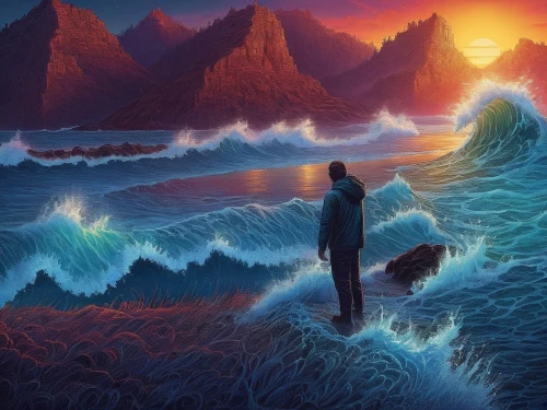 tidal wave,ocean waves,ocean background,ocean,waves,the endless sea,el mar,water waves,exploration of the sea,man at the sea,seascape,crashing waves,world digital painting,the sea,mountain and sea,sea landscape,oceans,sea storm,god of the sea,big waves,Illustration,Realistic Fantasy,Realistic Fantasy 25