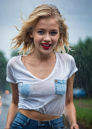 photoshoot with water,wet,girl in t-shirt,wet girl,in the rain,the blonde in the river,stormy,cotton top,lili,red lips,jeans background,walking in the rain,blonde girl,tshirt,blonde woman,soaked,red lipstick,marilyn,madi,girl in overalls,Photography,General,Commercial