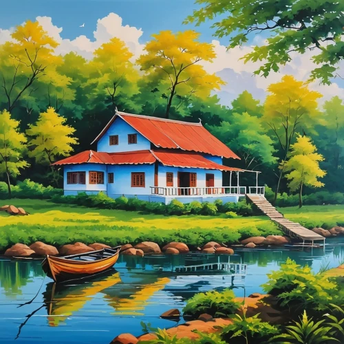 house with lake,home landscape,summer cottage,fisherman's house,cottage,landscape background,house painting,kerala,house by the water,oil painting on canvas,boat landscape,house in the forest,khokhloma painting,rural landscape,painting technique,river landscape,lonely house,art painting,boat house,idyllic,Photography,General,Realistic