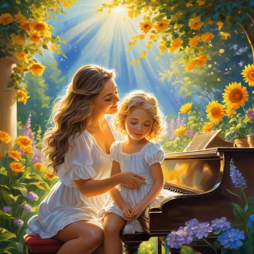 piano lesson,piano player,concerto for piano,pianists,pianist,cute girl playing piano,pianoforte,little girl and mother,play piano,piano,flower painting,splendor of flowers,romantic scene,little angels,children's background,serenade,beautiful photo girls,little girls,oil painting on canvas,harmony,Illustration,Realistic Fantasy,Realistic Fantasy 39