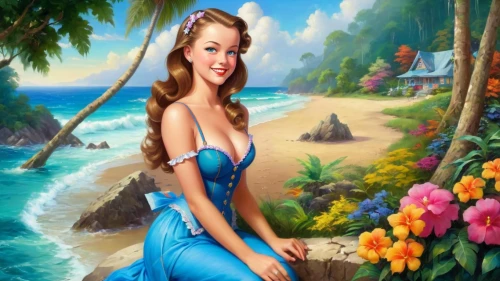 beach background,mermaid background,retro pin up girl,pin-up girl,retro pin up girls,hawaiiana,blue hawaii,amphitrite,pin up girl,the sea maid,pin-up girls,landscape background,pin ups,pin-up model,fantasy picture,pin up girls,connie stevens - female,candy island girl,hula,valentine day's pin up