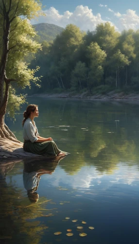 arrietty,forest lake,girl on the river,idyll,quietude,serene,canoeing,tranquility,tranquillity,lakeside,serenity,evening lake,calm water,stillness,peaceful,canoed,calmness,landscape background,tranquil,boat landscape,Conceptual Art,Fantasy,Fantasy 12