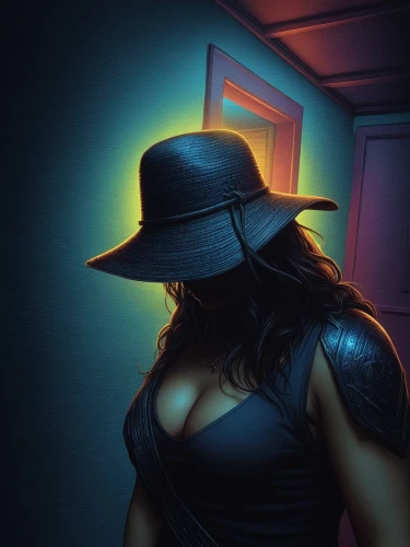 black hat,isolda,woman silhouette,the hat-female,the hat of the woman,leather hat,portrait background,shadowrun,slash,darkwing,sci fiction illustration,nightshades,femme fatale,chiaroscuro,villainess,in the shadows,film noir,shadowed,sharmell,taker,Illustration,Realistic Fantasy,Realistic Fantasy 25