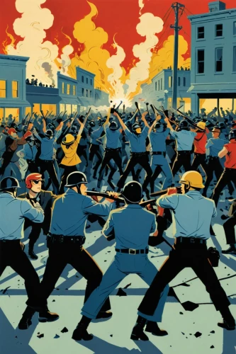 colescott,nonato,garrison,game illustration,stampede,firefight,mineworkers,rioted,nonviolence,vandenbroucke,riot,iww,refighting,bystanders,firefighters,policemen,counterprotesters,war,illo,protesters,Illustration,American Style,American Style 09