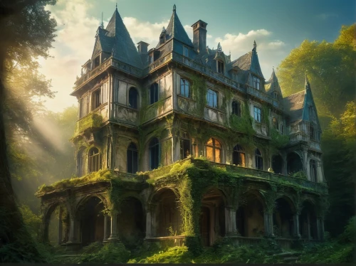 witch's house,house in the forest,ghost castle,witch house,fairy tale castle,fairytale castle,dreamhouse,forest house,victorian house,ancient house,abandoned house,old victorian,the haunted house,haunted castle,haunted house,abandoned place,fantasy picture,gothic style,chateaux,beautiful home,Conceptual Art,Fantasy,Fantasy 05