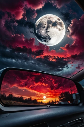 car mirror,rearviewmirror,car wallpapers,moonroof,moon car,rearview mirror,mirror reflection,reflejo,reflection,car window,sun reflection,red sky,epic sky,side mirror,reflexed,mirror of souls,windshield,3d car wallpaper,moon in the clouds,refleja,Illustration,Paper based,Paper Based 04