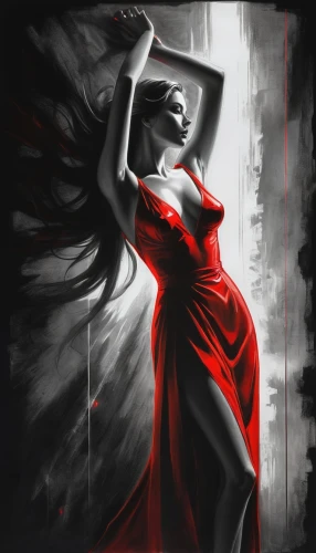 scarlet witch,man in red dress,lady in red,elektra,woman silhouette,red cape,red riding hood,sissel,vampire woman,red gown,girl in red dress,vampire lady,femme fatale,superhot,red super hero,vampirella,demoness,dance silhouette,frison,villainess,Illustration,Black and White,Black and White 30