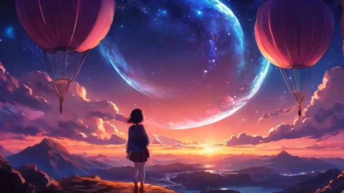 dreamscape,dream world,star balloons,balloon trip,pink balloons,dreamscapes,fantasy picture,little girl with balloons,ballooning,balloon,dreamlands,colorful balloons,dreamland,fantasy landscape,balloons,dreamlike,wonderlands,evening atmosphere,dreamworld,red balloon,Photography,General,Cinematic