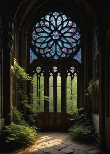 forest chapel,hall of the fallen,dandelion hall,stained glass window,stained glass,stained glass windows,doorway,rivendell,doorways,the threshold of the house,portal,window,entranceway,the window,cloisters,cloister,church door,sanctuary,church window,the door,Illustration,Retro,Retro 15