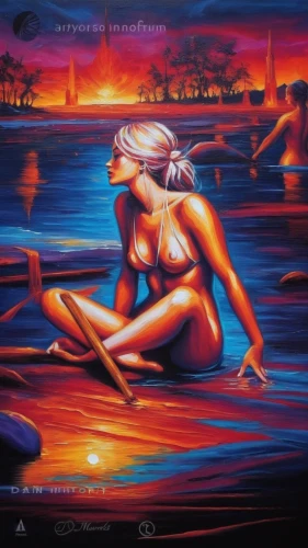 neon body painting,welin,bodypainting,sirene,girl on the boat,the blonde in the river,hildebrandt,girl on the river,adnate,oil painting on canvas,lake of fire,art painting,atlantica,dubbeldam,body painting,bather,paddleboard,bodypaint,klarwein,thetis,Illustration,Realistic Fantasy,Realistic Fantasy 25