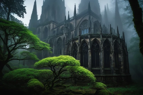 haunted cathedral,gothic church,resting place,cathedral,forest chapel,cathedrals,moss landscape,nidaros cathedral,gothic,mausoleum ruins,gothic style,black church,necropolis,forest cemetery,neogothic,the black church,old graveyard,witch's house,sunken church,holy forest,Conceptual Art,Daily,Daily 27