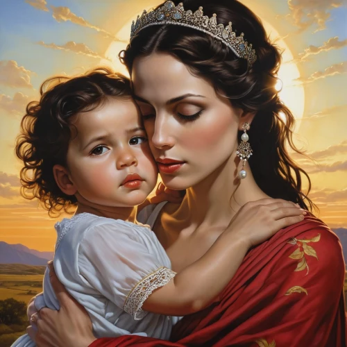 maternal,little girl and mother,jesus in the arms of mary,patroness,mother kiss,motherhood,protectress,oil painting on canvas,natividad,baby with mom,mother,mama mary,mothering,holy family,motherly,mother and infant,motherly love,godmother,queenship,mother and baby,Illustration,Realistic Fantasy,Realistic Fantasy 10