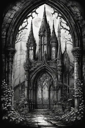 haunted cathedral,shadowgate,ravenloft,undercity,neogothic,gothic style,gothic,gothic church,hall of the fallen,dark gothic mood,gothicus,crypts,blackgate,undermountain,sepulchre,sepulchres,haunted castle,ghost castle,necropolis,cathedral,Illustration,Black and White,Black and White 34