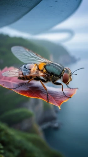syrphid fly,hover fly,hornet hover fly,hoverfly,surface tension,flying insect,cicadas,sawflies,sawfly,syrphidae,cicada,butterflyer,medflies,dung fly,hoverflies,housefly,glass wings,horsefly,houseflies,floating over lake,Photography,General,Realistic