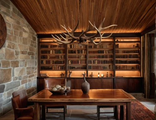 bookshelves,inglenook,bookcases,reading room,bookcase,book wall,bookshelf,study room,assay office in bannack,clerestory,writing desk,moose antlers,dining room table,wooden beams,vaulted ceiling,cabinetry,antler,dining room,wood casework,cabin,Photography,General,Realistic