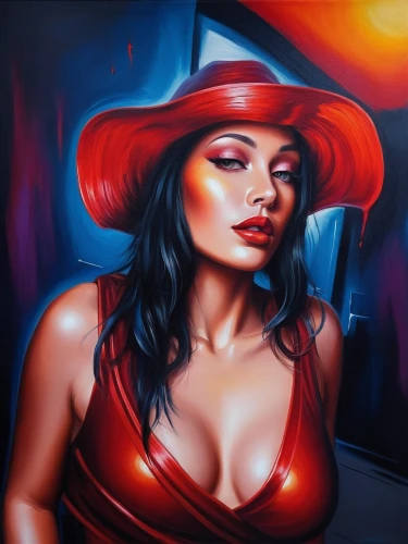 adnate,welin,elektra,chicana,oil painting on canvas,neon body painting,girl wearing hat,art painting,flamenca,the hat-female,oil on canvas,chicanas,jasinski,oil painting,mexican painter,airbrush,vanderhorst,viveros,pintura,lady in red,Illustration,Realistic Fantasy,Realistic Fantasy 25