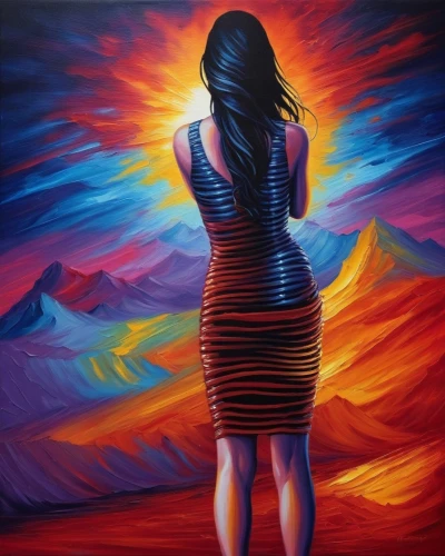 oil painting on canvas,oil painting,art painting,oil on canvas,woman thinking,danxia,painting technique,indigenous painting,neon body painting,pintura,colorful background,pittura,praying woman,abstract painting,light of art,vibrantly,fire artist,bodypainting,girl walking away,colorful light,Illustration,Realistic Fantasy,Realistic Fantasy 25