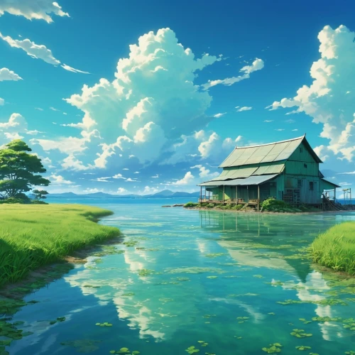 landscape background,cartoon video game background,japan landscape,studio ghibli,house with lake,windows wallpaper,idyllic,home landscape,yazaki,ricefield,an island far away landscape,beautiful landscape,full hd wallpaper,house by the water,background design,beautiful wallpaper,ghibli,yamada's rice fields,fantasy landscape,nature background,Photography,General,Realistic