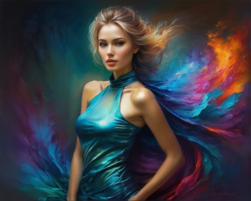 fantasy art,art painting,mystical portrait of a girl,yuriev,bodypainting,oil painting on canvas,fantasy portrait,color feathers,evgenia,plumes,world digital painting,nestruev,vibrantly,oil painting,girl in a long dress,fairy peacock,dmitriev,body painting,pintura,faerie,Conceptual Art,Daily,Daily 32
