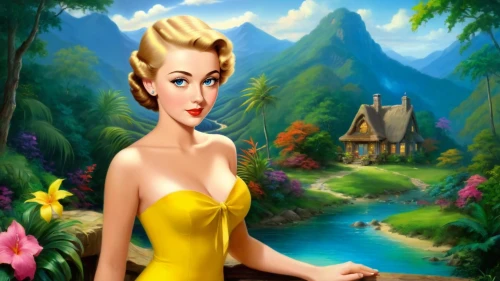 cartoon video game background,the blonde in the river,tinkerbell,dorthy,maureen o'hara - female,connie stevens - female,fairy tale character,disneyfied,thumbelina,landscape background,yellow rose background,background image,fantasy picture,fairyland,faires,ninfa,pin-up girl,tiana,fantasy woman,disney character