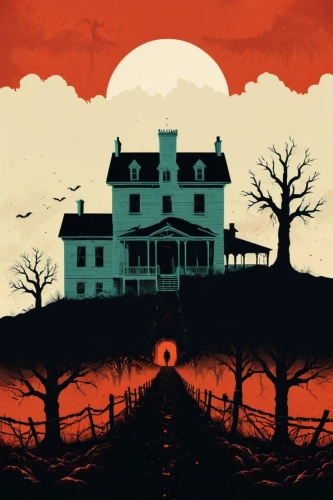 house silhouette,the haunted house,halloween poster,amityville,haunted house,houses silhouette,sematary,witch's house,innkeepers,haddonfield,halloween illustration,baskervilles,halloween and horror,deadman ranch,creepy house,doll's house,fessenden,farmstead,voorheesville,farmhouse,Illustration,American Style,American Style 08