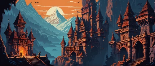 castlevania,erebor,tirith,travel poster,rivendell,osgiliath,spires,ice castle,gondolin,highborn,nargothrond,theed,metavolcanic,mordor,ancient city,westeros,hall of the fallen,hogwarts,labyrinthian,haunted cathedral,Unique,Pixel,Pixel 04