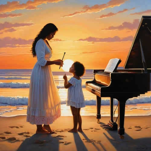 piano lesson,piano player,concerto for piano,play piano,pianoforte,pianist,pianists,the piano,piano keyboard,cute girl playing piano,piano,scarlatti,little girl and mother,pianistic,harmony,serenade,musicale,harmonious family,melodious,piano notes,Illustration,Realistic Fantasy,Realistic Fantasy 10
