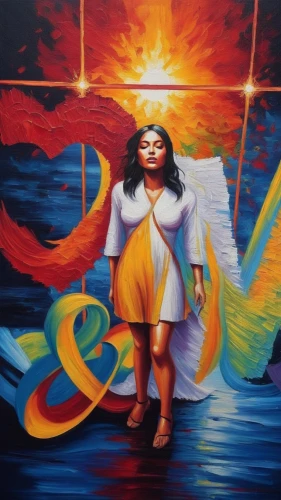 aguila,indigenous painting,oil painting on canvas,holy spirit,uriel,fire angel,elohim,pentecostalist,mexican painter,angelology,renacimiento,the angel with the cross,sirene,angel wing,guelaguetza,pintura,chicana,angel wings,anjo,promethea,Illustration,Realistic Fantasy,Realistic Fantasy 25