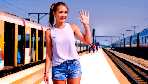 the girl at the station,greenscreen,woman pointing,pointing woman,transwa,cityrail,queensland rail,hbf,girl in t-shirt,trainspotters,green screen,woman holding a smartphone,rer,ttc,njt,train way,railway,nycta,treni,photoshop manipulation,Conceptual Art,Oil color,Oil Color 20