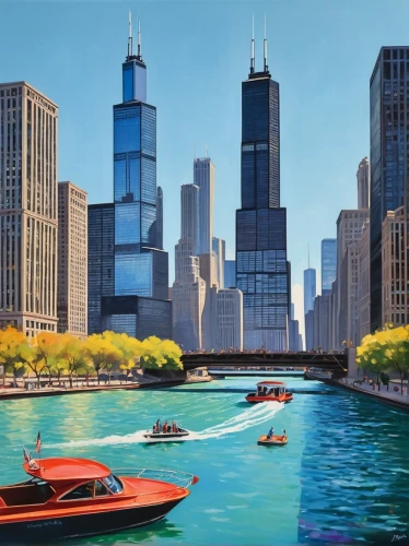 chicago skyline,chicago,metra,chicagoan,skyscrapers,waterfronts,financial district,cityscape,chicagoland,cityscapes,city skyline,city buildings,lake shore,world digital painting,city scape,capcities,megacities,urban towers,pedal boats,tall buildings,Illustration,Vector,Vector 07