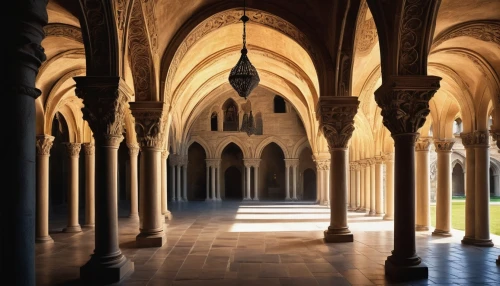 cloister,cloisters,arcaded,vaulted ceiling,cloistered,undercroft,mesquita,vaults,batalha,porticos,jeronimos,porticoes,archways,transept,hall of the fallen,refectory,inside courtyard,colonnades,umayyad palace,columnas,Illustration,Black and White,Black and White 31
