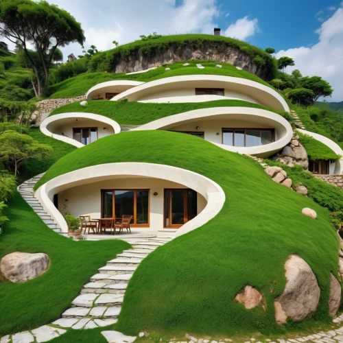 grass roof,earthship,roof landscape,turf roof,landscaped,roof domes,green lawn,dreamhouse,home landscape,beautiful home,futuristic architecture,terraced,underground garage,landscaping,winding steps,golf lawn,artificial grass,luxury property,ecotopia,moss landscape,Photography,General,Realistic
