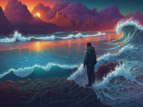 tidal wave,ocean waves,the endless sea,rainbow waves,ocean,waves,currents,wavevector,man at the sea,ocean background,poseidon,el mar,exploration of the sea,fantasy picture,water waves,illusion,navigated,god of the sea,tsunami,psychosynthesis,Illustration,Realistic Fantasy,Realistic Fantasy 25
