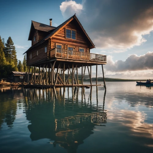 house with lake,floating huts,house by the water,stilt house,stilt houses,boat house,boathouses,houseboat,summer cottage,boathouse,fisherman's house,floating over lake,wooden house,boatshed,log home,boat shed,houseboats,cube stilt houses,summer house,cottage,Photography,General,Realistic