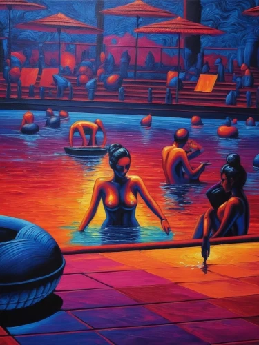 pool bar,swimming people,neon body painting,pedalos,colescott,pedal boats,welin,sunbathers,mcquarrie,speedboats,poolman,emshwiller,bathers,inflatable pool,autopia,bumper cars,paddleboats,jetskis,inflatables,hildebrandt,Illustration,Realistic Fantasy,Realistic Fantasy 25