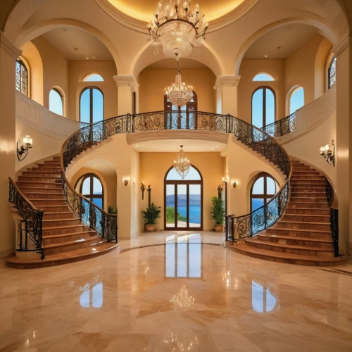 luxury home interior,mansion,luxury home,luxury property,hallway,entrance hall,outside staircase,entryway,cochere,staircase,beautiful home,crib,palatial,circular staircase,foyer,mansions,palladianism,florida home,great room,stone floor,Illustration,Retro,Retro 20