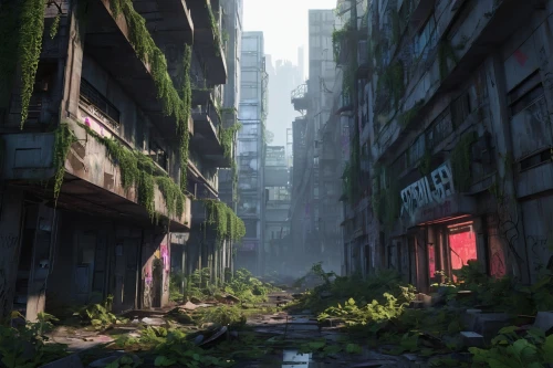 alleyway,kowloon city,destroyed city,overgrowth,post apocalyptic,alleyways,post-apocalyptic landscape,scampia,alley,lostplace,slums,environments,lost place,postapocalyptic,urban landscape,wasteland,microdistrict,industrial ruin,urbanworld,sidestreet,Conceptual Art,Daily,Daily 35