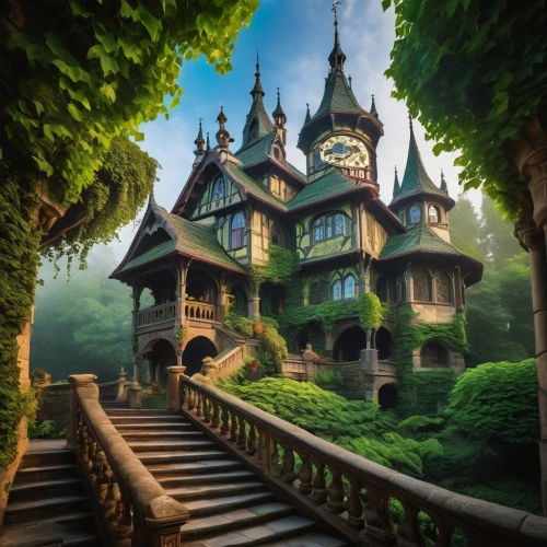 fairytale castle,fairy tale castle,house in the forest,dreamhouse,fairy tale,fairytale,witch's house,fantasy picture,victorian house,forest house,a fairy tale,fairytale forest,fairyland,rivendell,gold castle,3d fantasy,neverland,fairy house,old victorian,fantasy landscape,Illustration,Vector,Vector 06