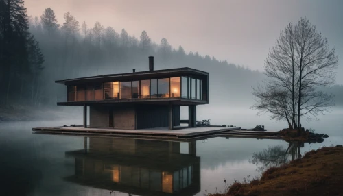 house with lake,house by the water,house in the forest,forest house,house in mountains,house in the mountains,wooden house,winter house,dreamhouse,foggy landscape,morning mist,snohetta,lago grey,timber house,inverted cottage,the cabin in the mountains,floating huts,mirror house,cubic house,zumthor,Photography,General,Natural