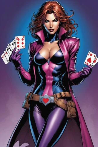 gambit,madelyne,lilandra,scarlet witch,selina,zatara,liliana,playing card,domino,queen of hearts,dazzler,midler,salvadora,poker,playing cards,villainess,mesmero,superheroine,huntress,rahne,Illustration,American Style,American Style 13