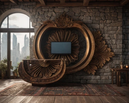 wood mirror,wooden mockup,fireplace,wooden door,wine barrel,wooden wheel,magic mirror,throne,porthole,3d rendering,3d render,rustic aesthetic,fireplaces,dart board,the throne,tv cabinet,fire place,armoire,ornate room,plasma tv,Photography,General,Fantasy,Photography,General,Fantasy
