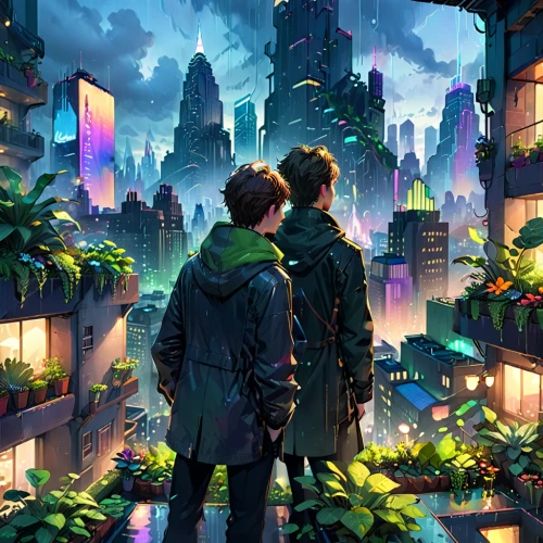 cityscape,above the city,colorful city,evening city,tokyo city,cyberpunk,overlooking,city lights,travelers,kaleidoscape,dusk,beautiful wallpaper,rooftop,dusk background,fantasy city,sekai,dystopias,city view,rooftops,city at night,Anime,Anime,Cartoon