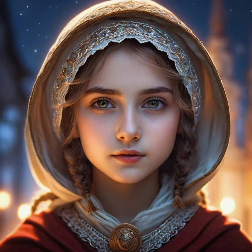 mystical portrait of a girl,fantasy portrait,amidala,principessa,kirtle,young girl,little red riding hood,schierstein,ellinor,cosette,schierholtz,demelza,belle,fairy tale character,eilonwy,serafina,girl portrait,fairy tale icons,the snow queen,the prophet mary,Photography,Documentary Photography,Documentary Photography 25