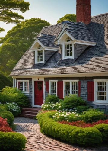 new england style house,boxwoods,country cottage,nantucket,red roof,old colonial house,country house,home landscape,boxwood,roof landscape,shingled,beautiful home,cottages,landscaped,summer cottage,miniature house,danish house,landscapers,country estate,cottage garden,Illustration,Realistic Fantasy,Realistic Fantasy 45