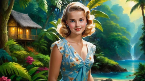 connie stevens - female,hawaiiana,retro pin up girl,blue hawaii,pin-up girl,landscape background,south pacific,pin up girl,the blonde in the river,cuba background,tropical house,tropico,tropicale,retro pin up girls,pin ups,tropic,maureen o'hara - female,polynesian girl,retro girl,nature background