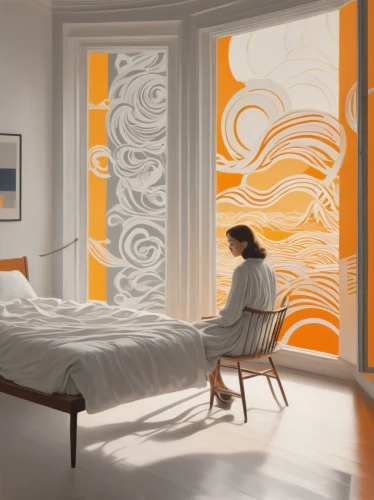 woman on bed,gournay,fromental,bedroom,coral swirl,headboards,art nouveau frames,bedchamber,guestrooms,oticon,guest room,bedrooms,modern room,art nouveau frame,whirlpool pattern,guestroom,japanese-style room,sleeping room,chambre,danish room,Illustration,Vector,Vector 12