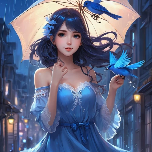 blue enchantress,umbrella,azure,summer umbrella,blue rain,parasol,umbrellas,blue butterflies,blue hydrangea,blue rose,janna,jasmine blue,blue heart,blue dress,fairy tale character,cielo,bluefly,cinderella,stormy blue,katara,Illustration,Realistic Fantasy,Realistic Fantasy 01